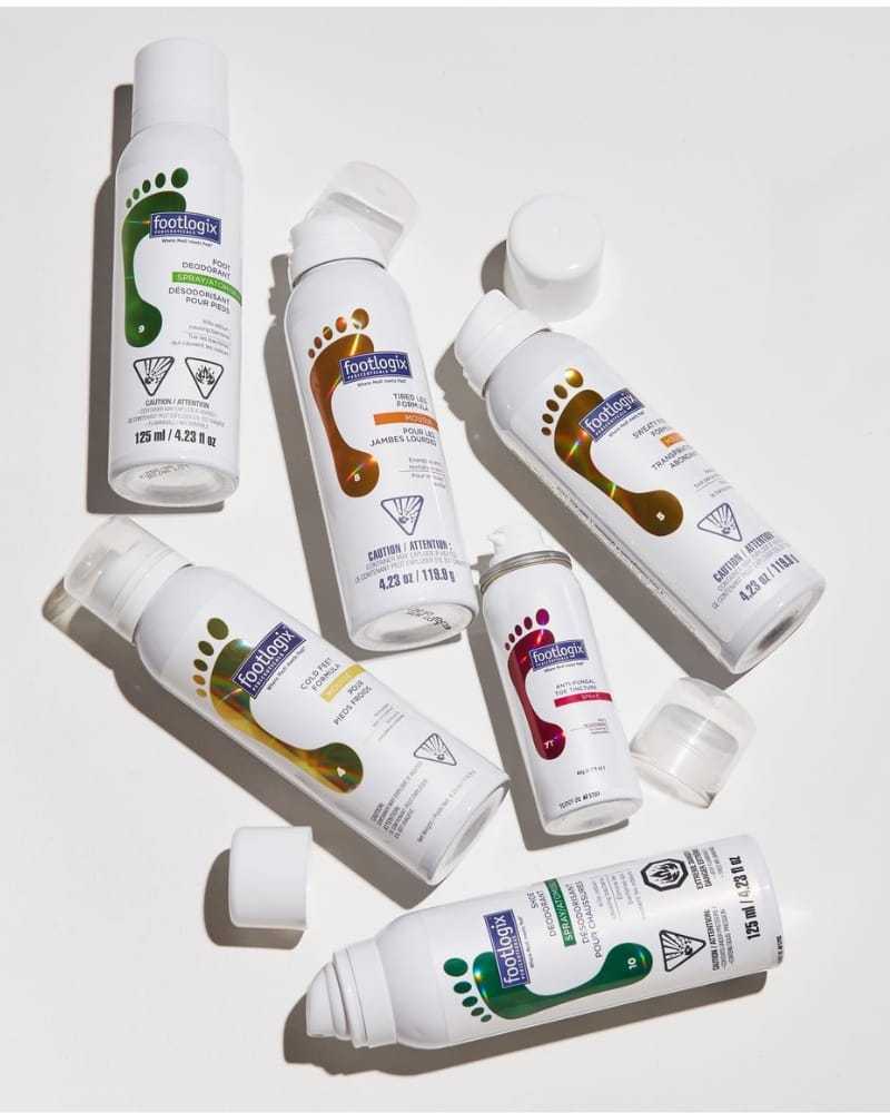 Footlogix foot care bottles arranged on a white surface.