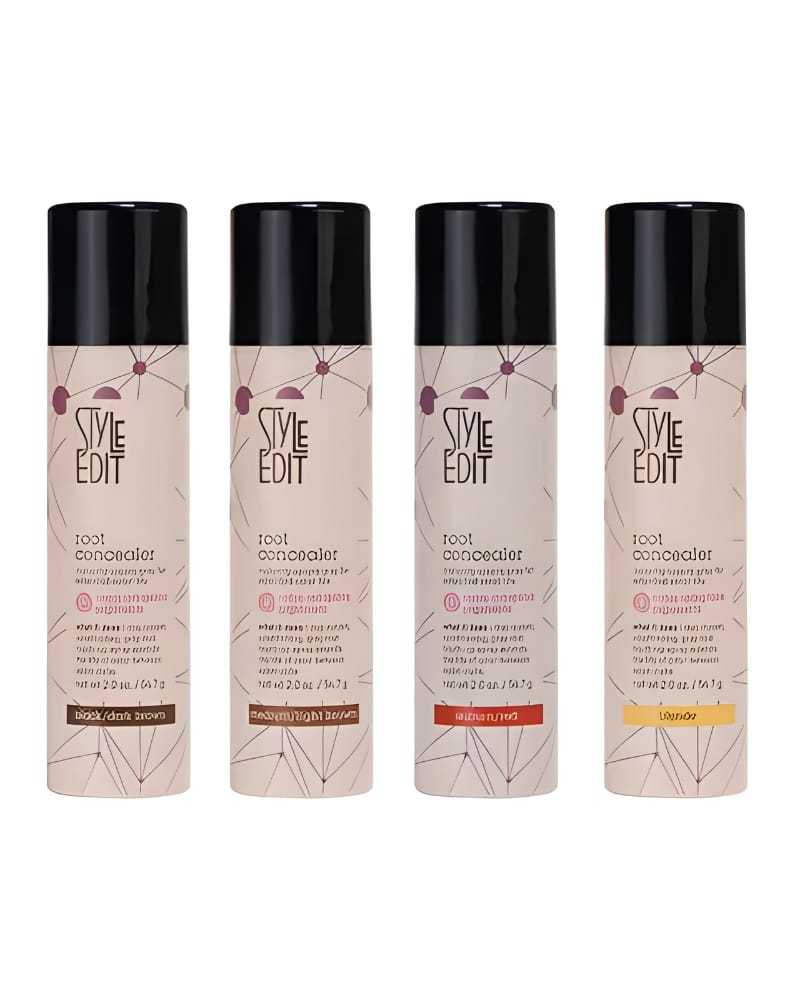 Four Style Edit root concealer sprays in different shades on a white background.