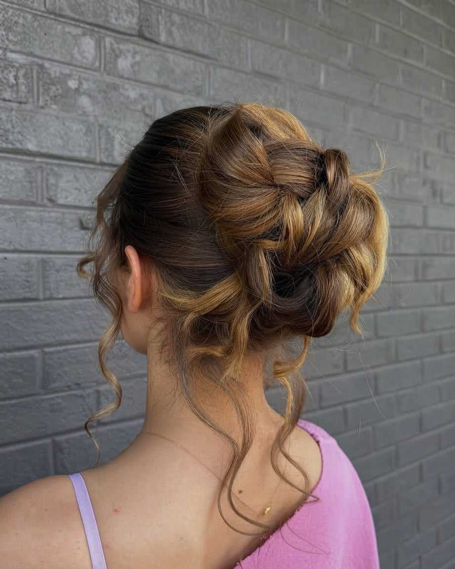 Woman with styled updo featuring highlights, wearing a purple top, against a gray brick wall.